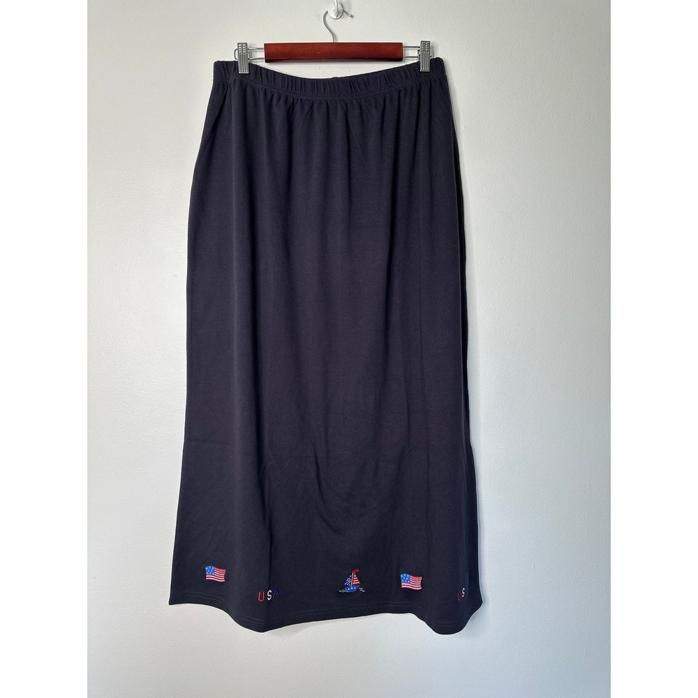 Quacker Factory Pull on Maxi Skirt 1X Navy Blue USA Flag Sailboat‎ Embroidered